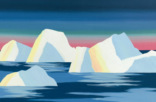 Icebergs under a pink banded sky