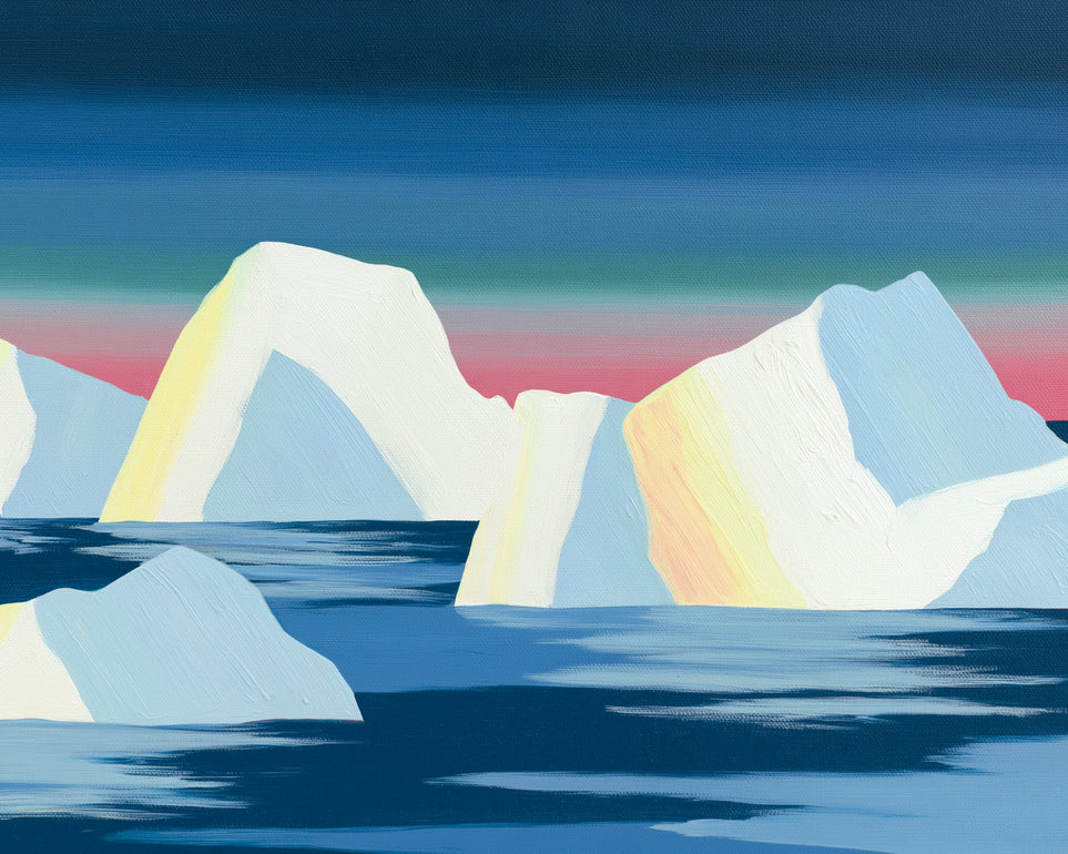 Icebergs under a pink banded sky