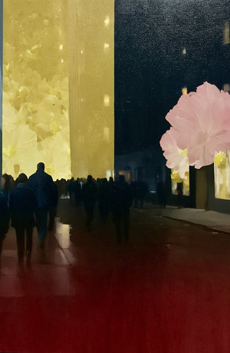 Crowd beneath the glowing wall