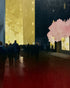 Crowd beneath the glowing wall