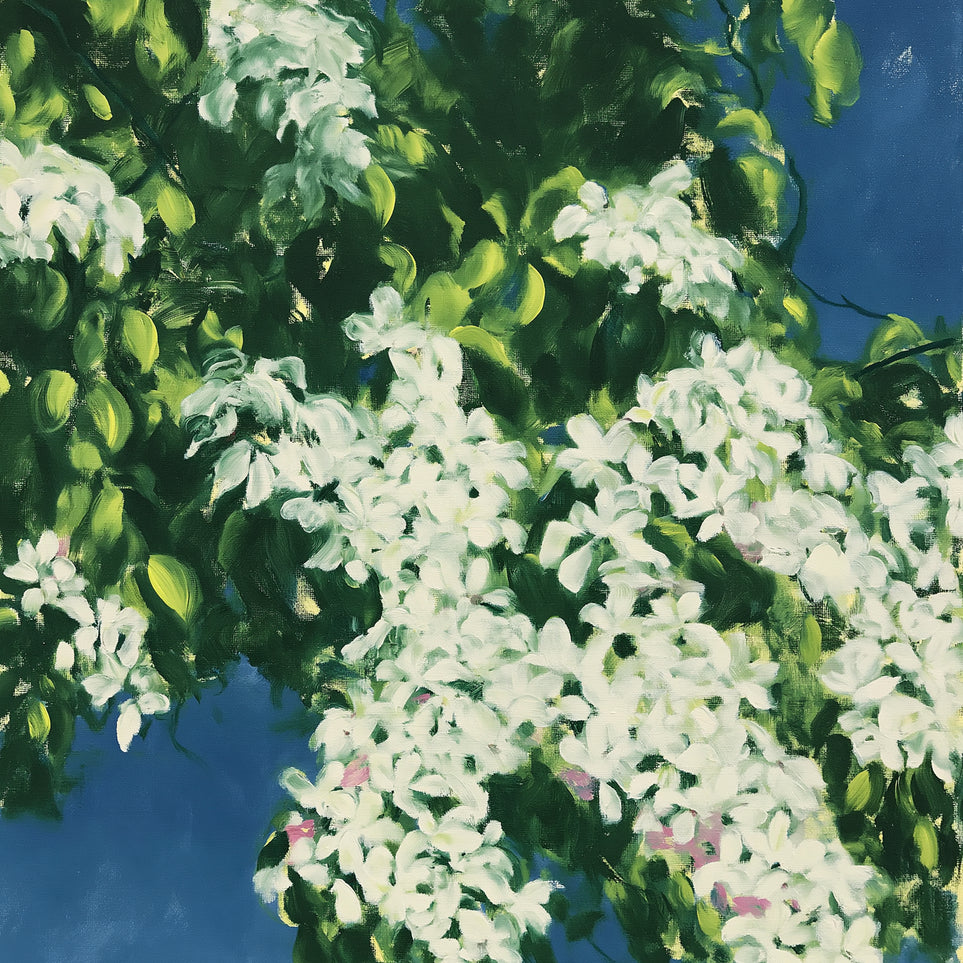 White blossoms on blue field