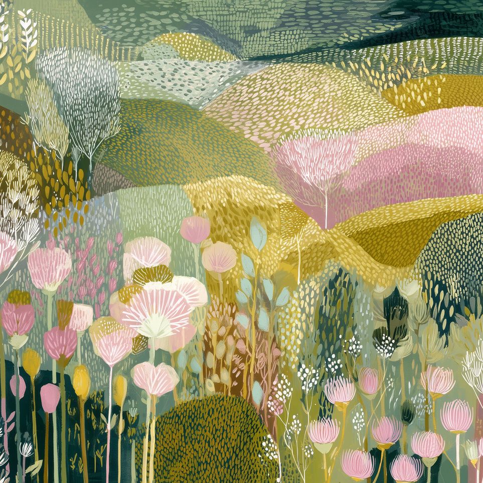 Patterned hills in bloom