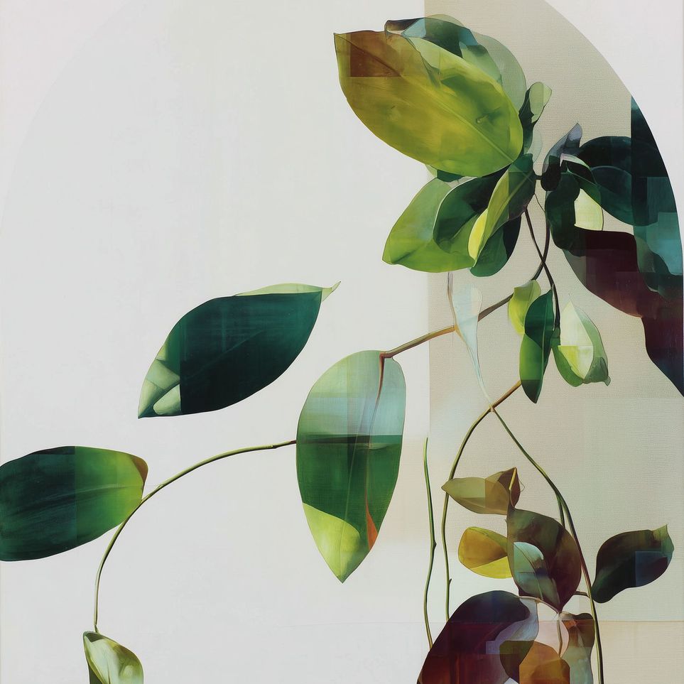 Green leaves crossing pale field