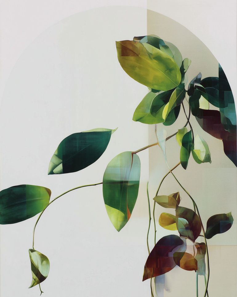 Green leaves crossing pale field