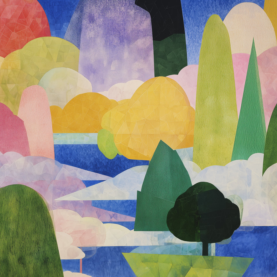 Tall trees over blue water