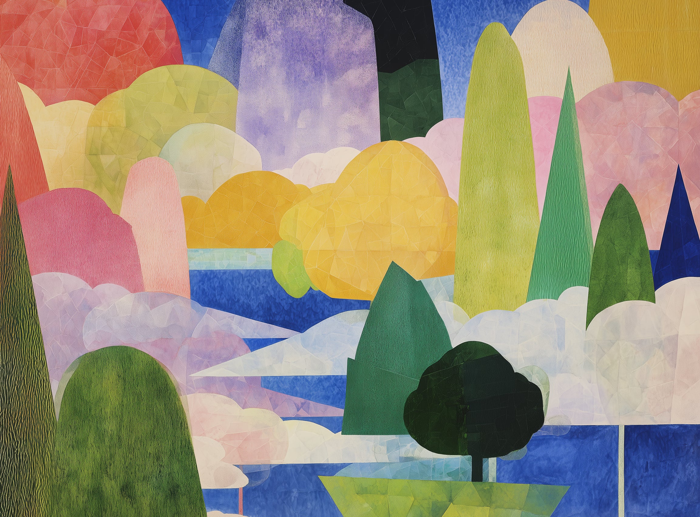 Tall trees over blue water