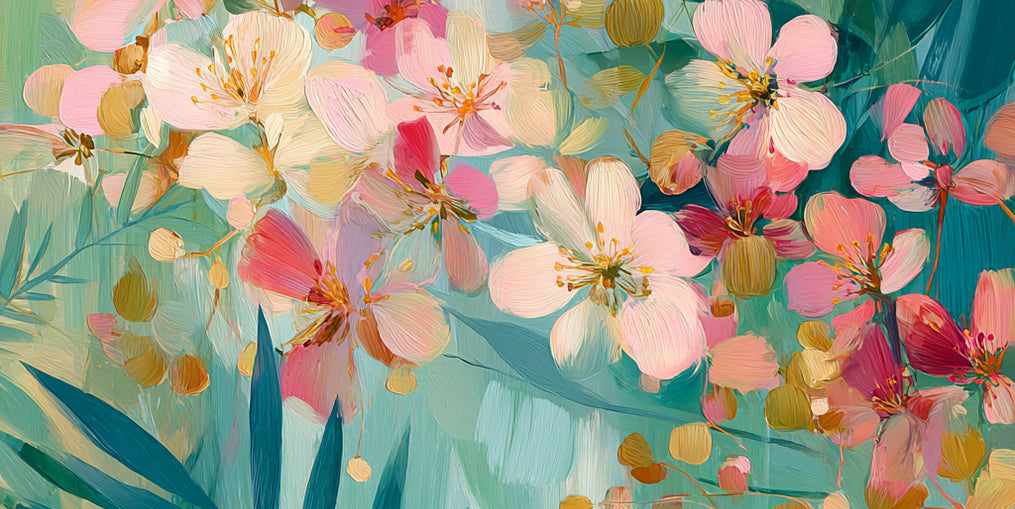 Blossoms over teal leaves