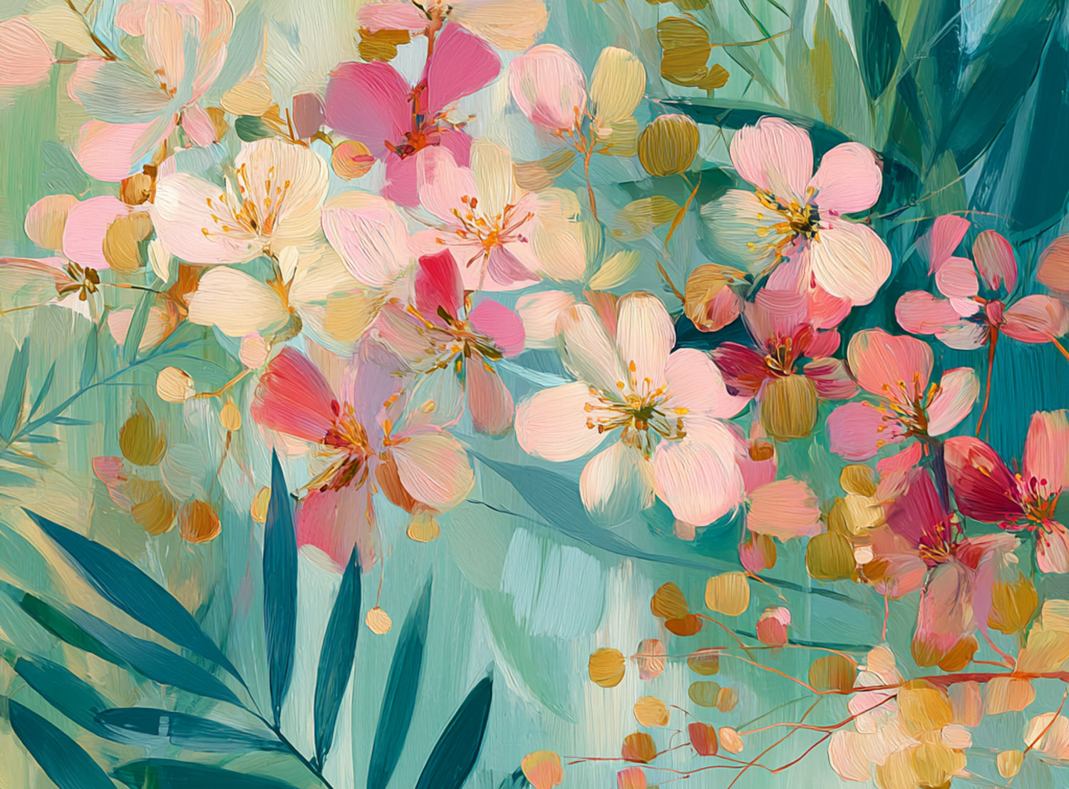 Blossoms over teal leaves