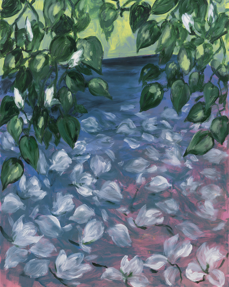 White petals on blue pond