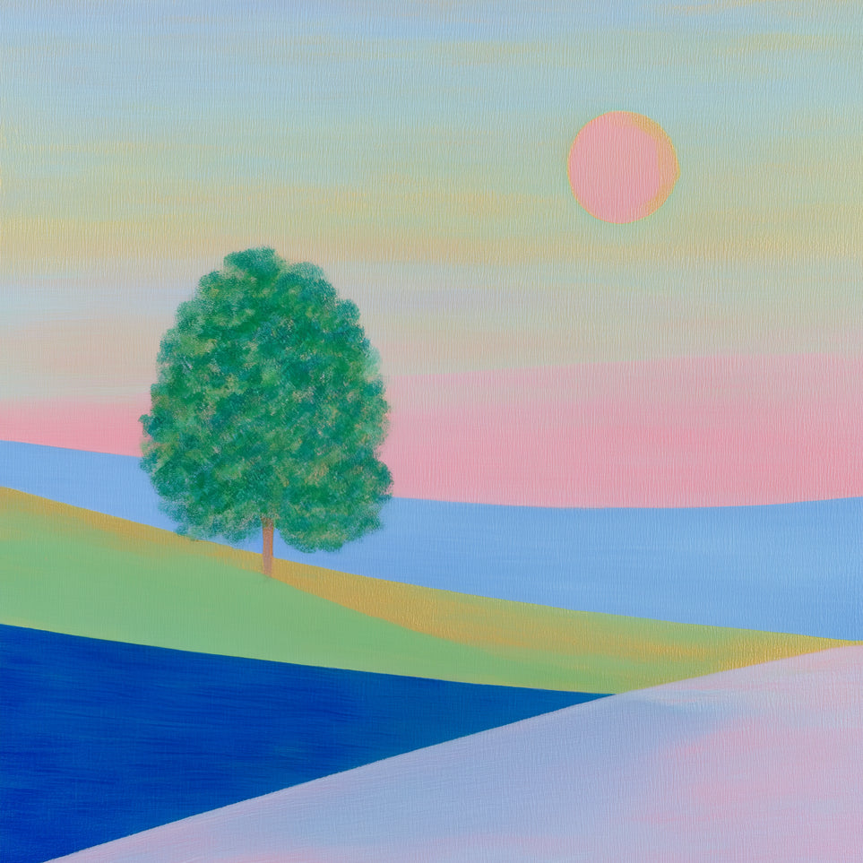 Pink sun over striped hills