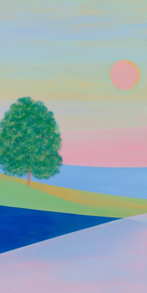 Pink sun over striped hills