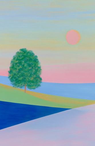Pink sun over striped hills