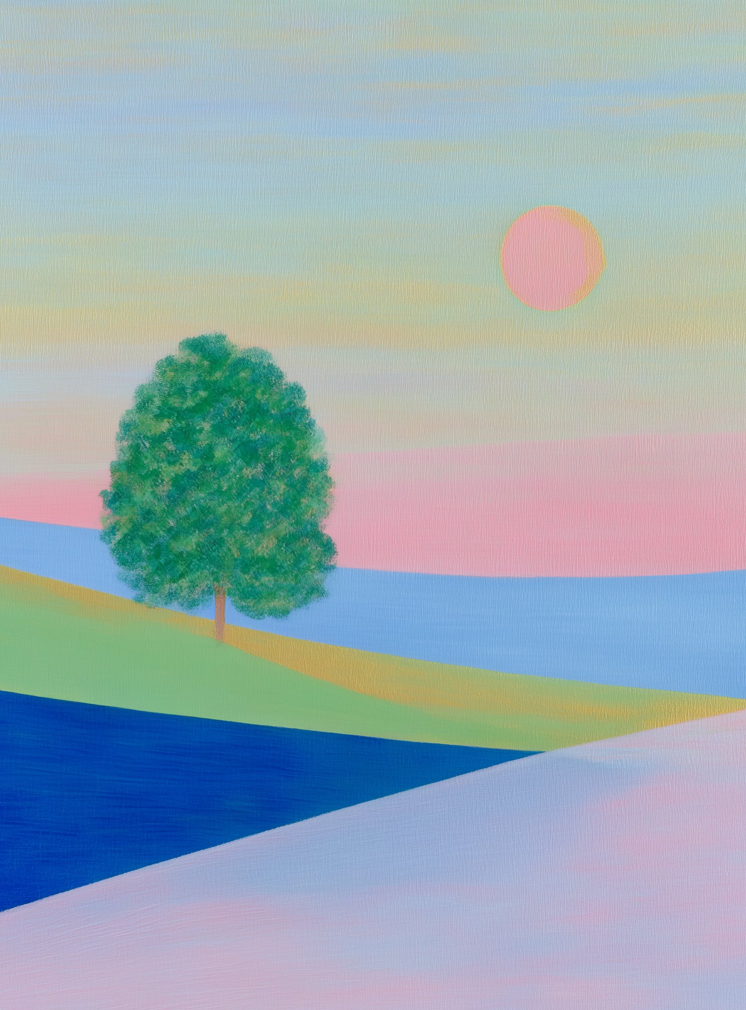 Pink sun over striped hills