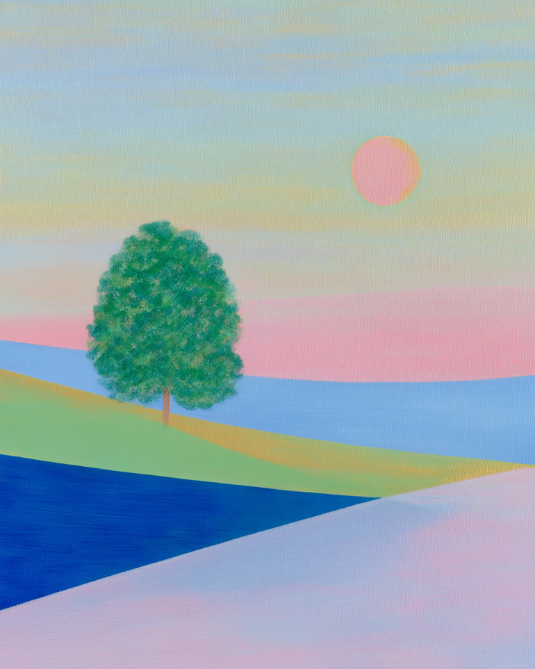 Pink sun over striped hills
