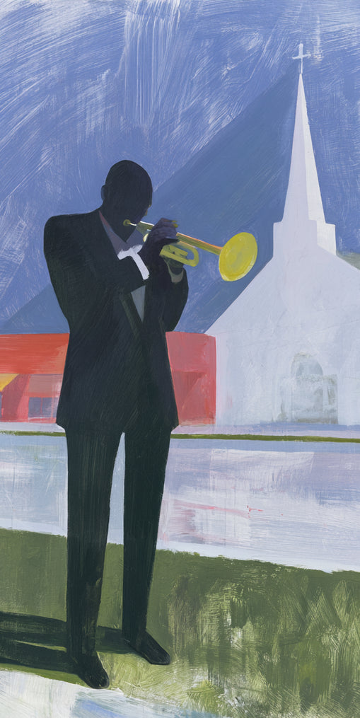 Yellow trumpet before the church