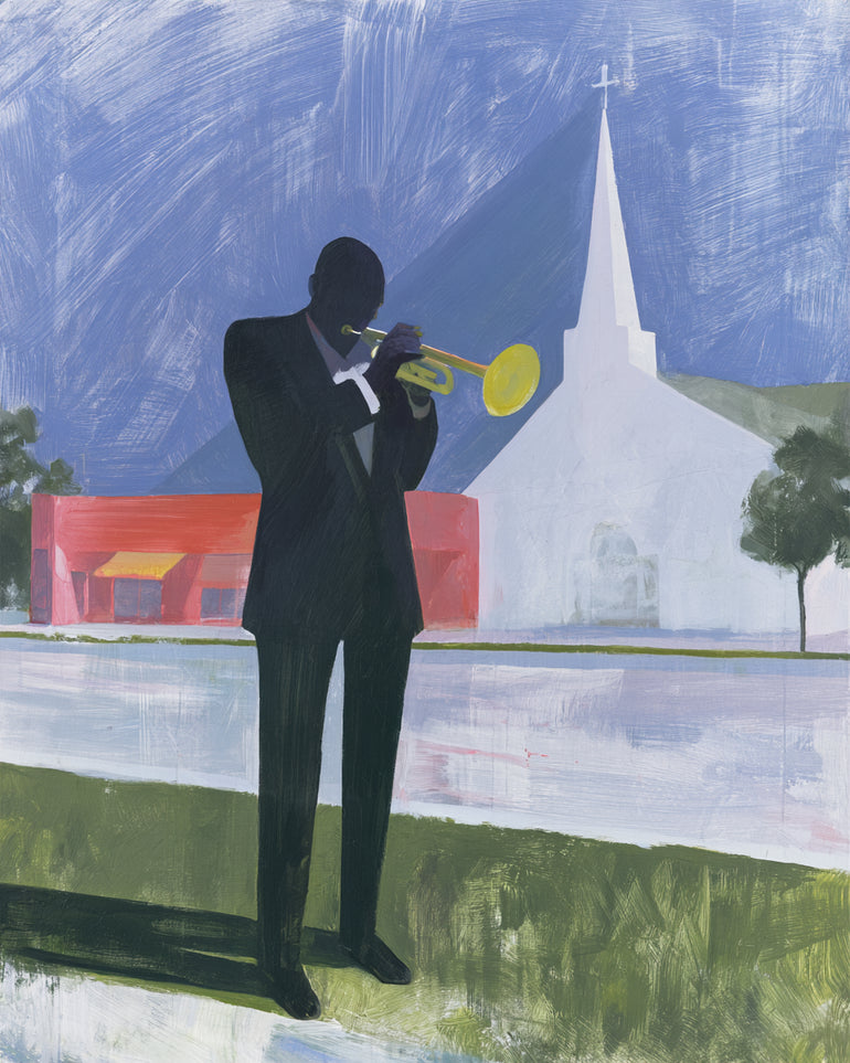 Yellow trumpet before the church