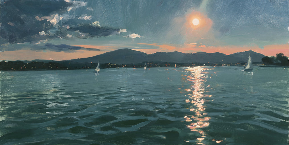 Peach sun on blue water