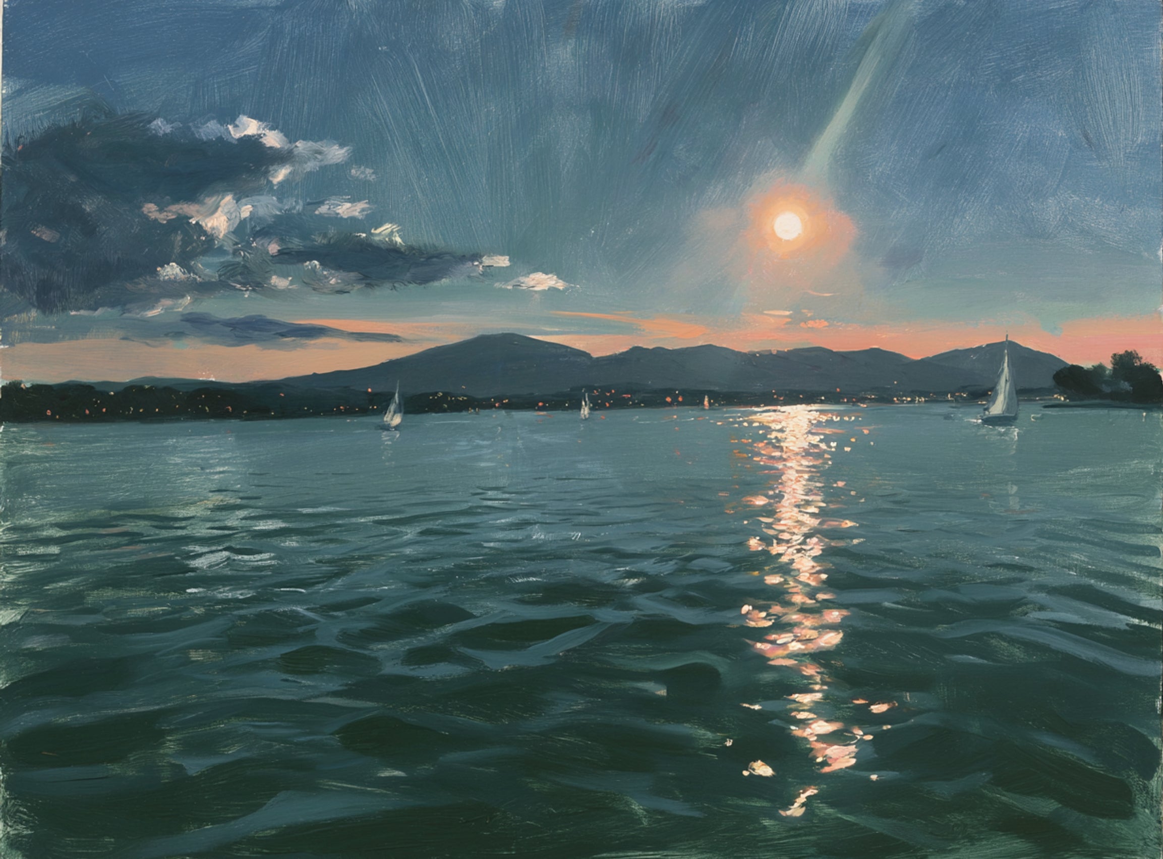 Peach sun on blue water