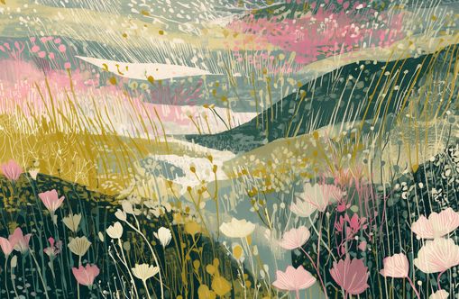 Wildflowers across layered hills