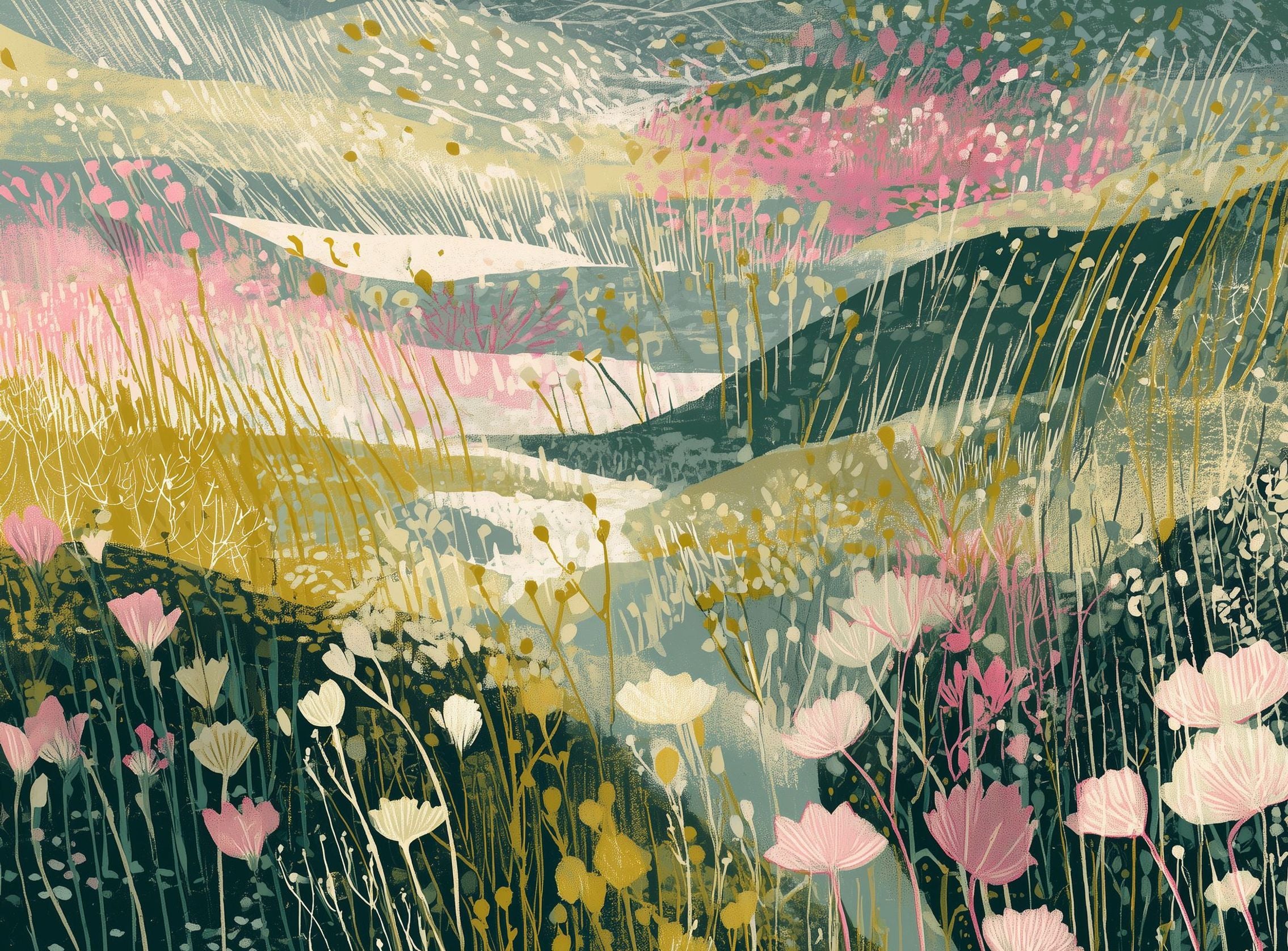 Wildflowers across layered hills