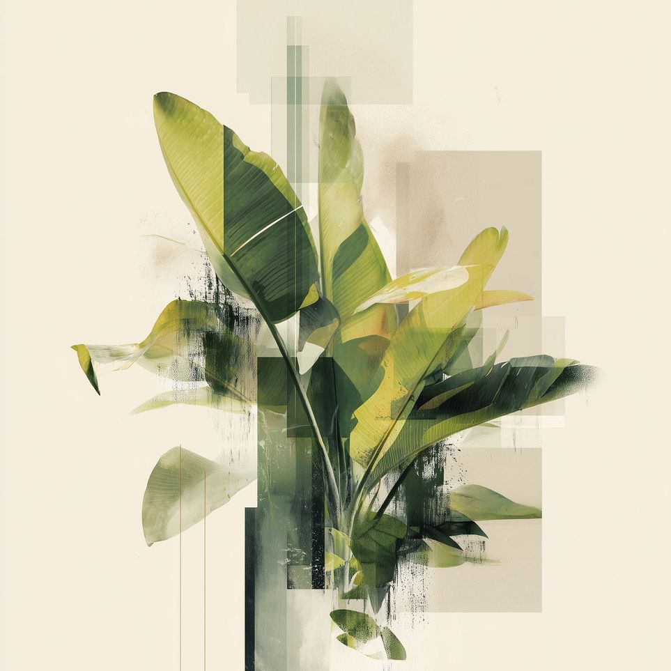 Green leaves among glassy blocks