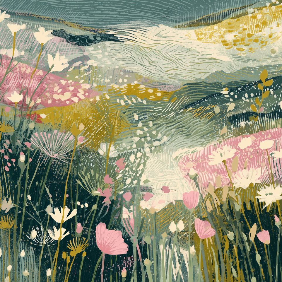 Teal sky over pink meadow