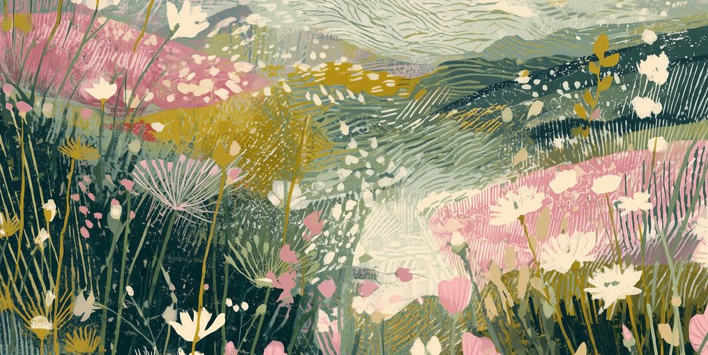 Teal sky over pink meadow