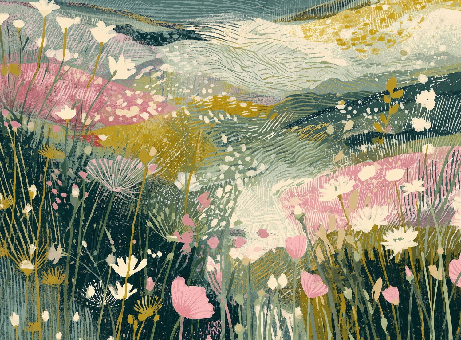 Teal sky over pink meadow