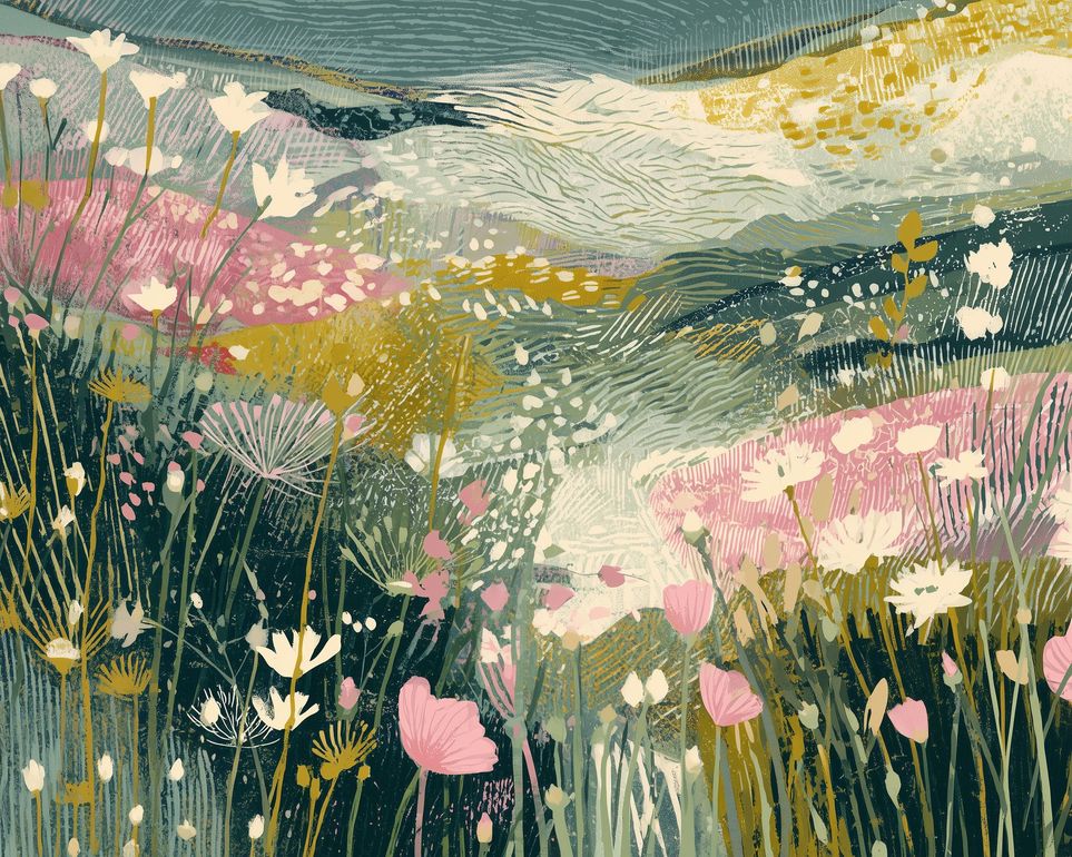 Teal sky over pink meadow