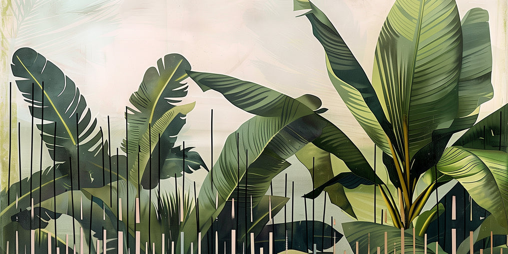 Tropical leaves behind black bars