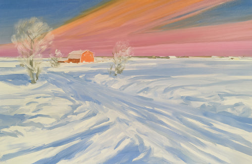 Pink sky over the red barn