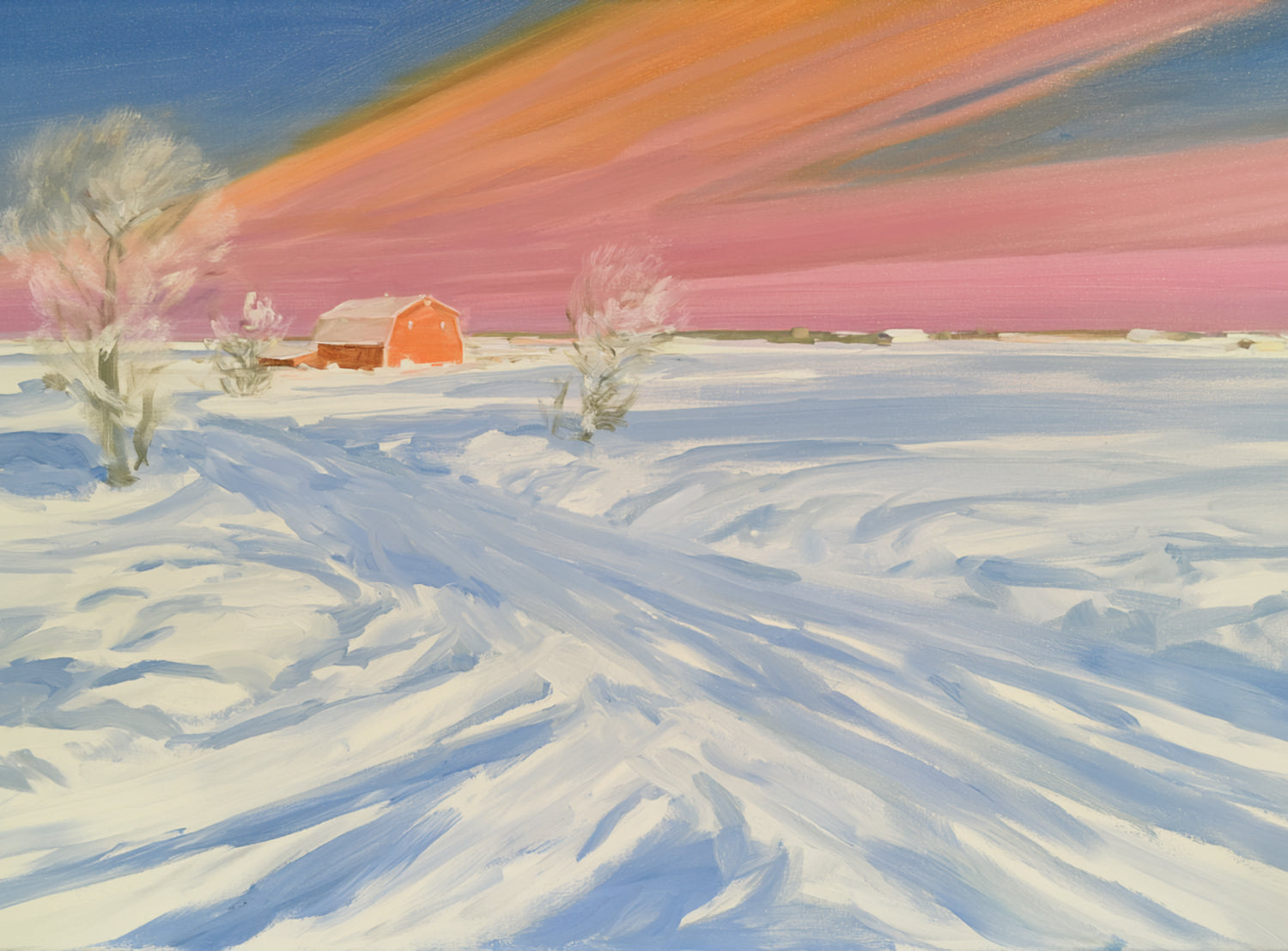 Pink sky over the red barn