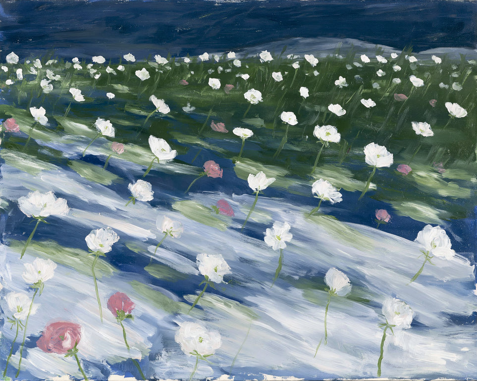 White flowers in wind streaks