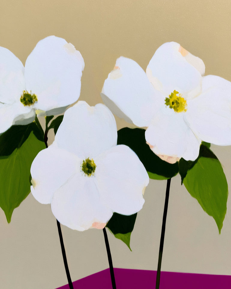 Three white flowers above purple