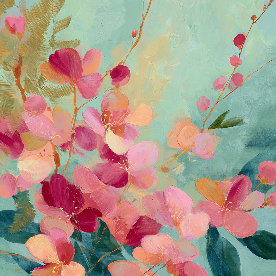 Pink blossoms drifting through teal