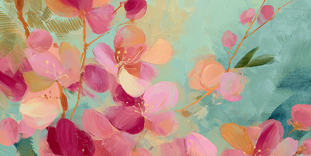 Pink blossoms drifting through teal