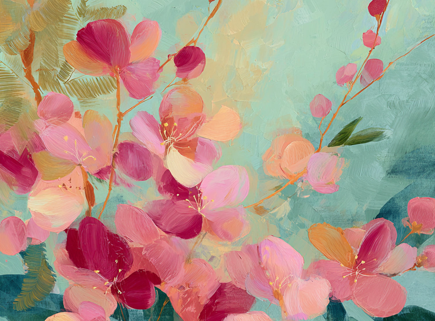Pink blossoms drifting through teal