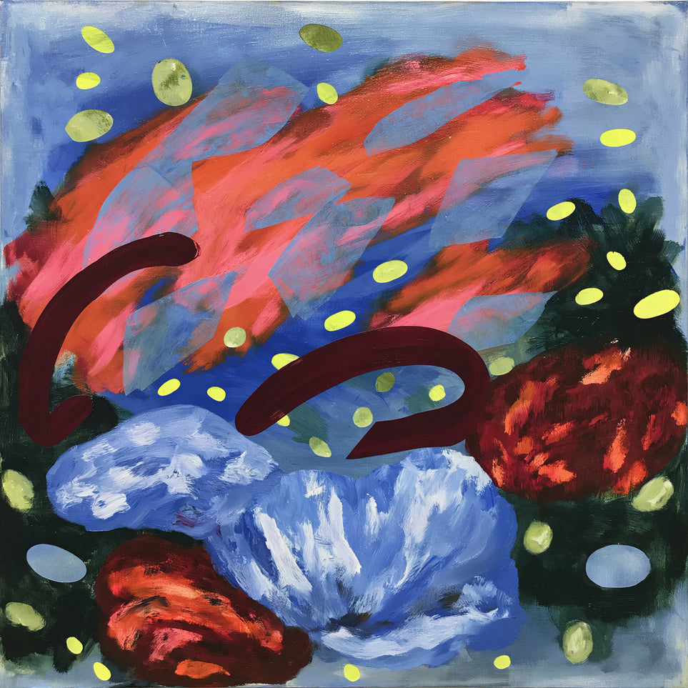Layered brushstrokes with yellow ovals