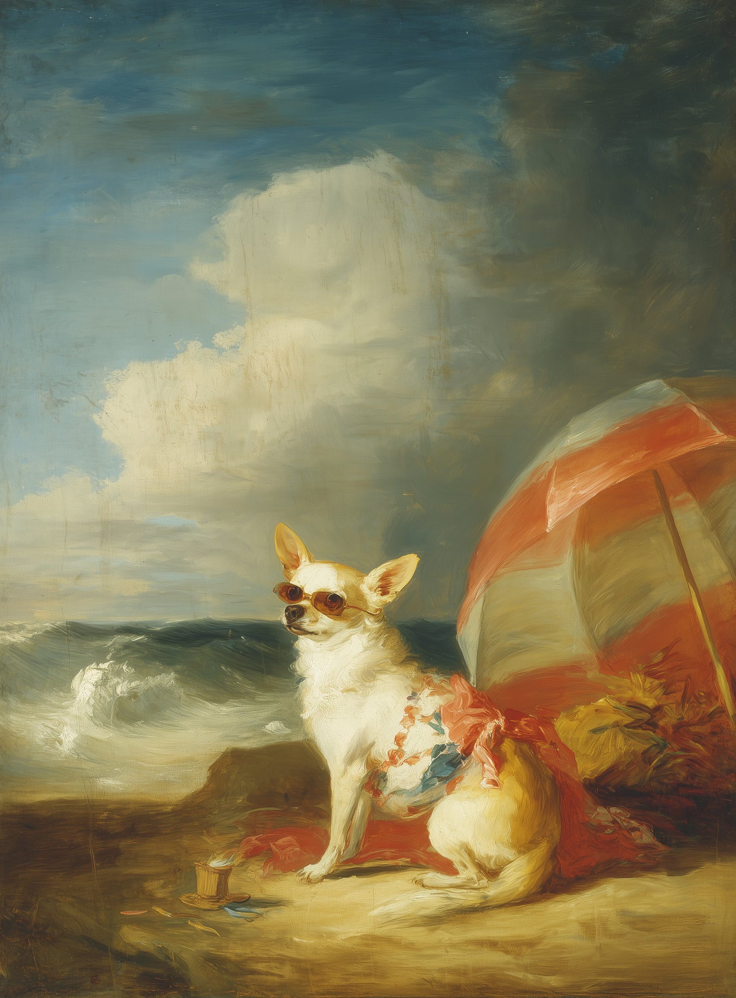 Red shade over seaside dog