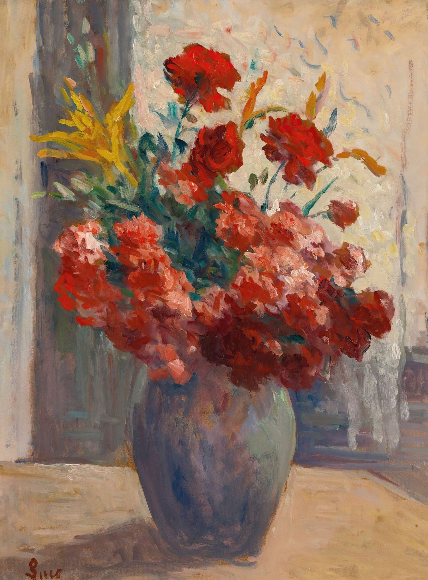 Flowers within a tall vase