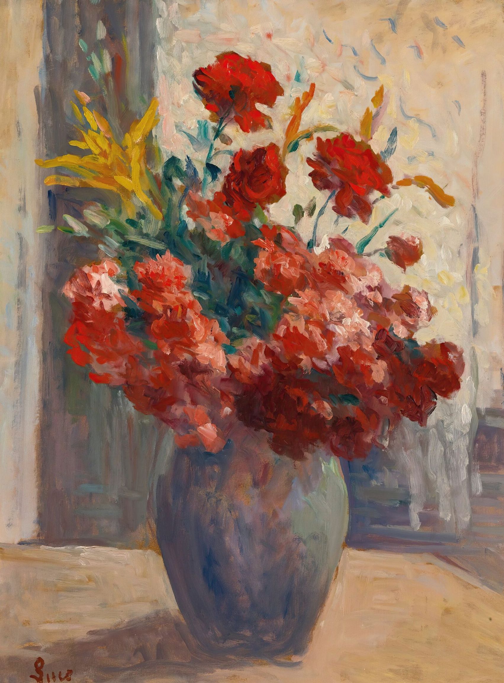 Flowers within a tall vase