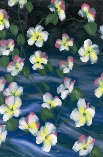 White flowers across deep blue