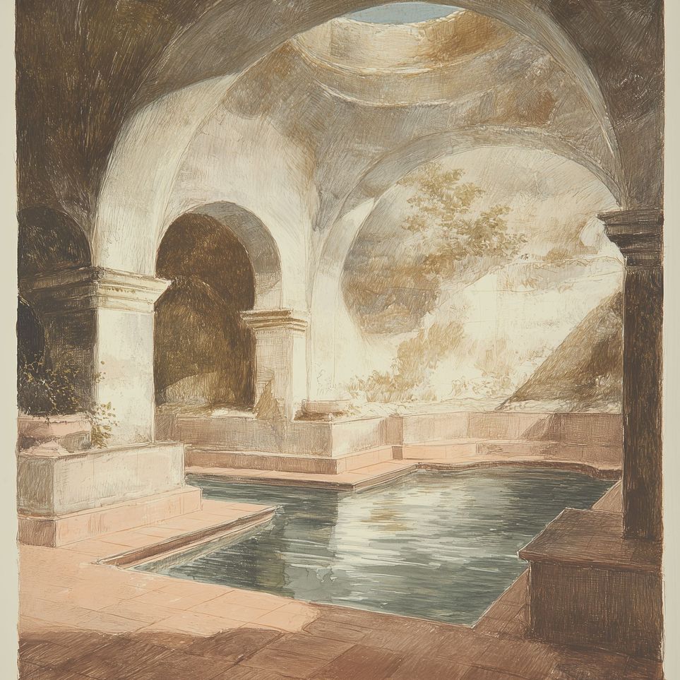 Courtyard pool beneath pale arches