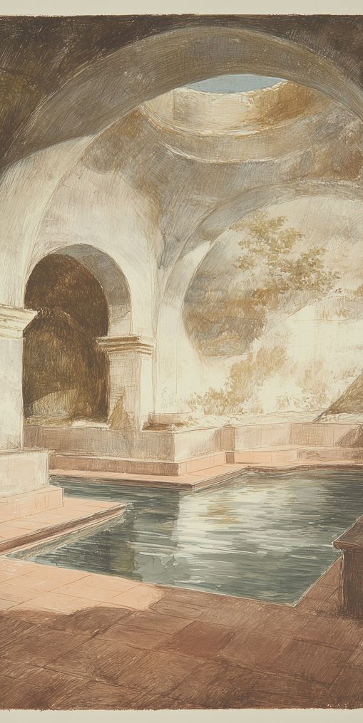 Courtyard pool beneath pale arches
