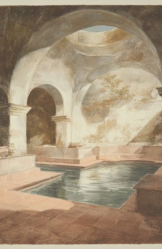 Courtyard pool beneath pale arches