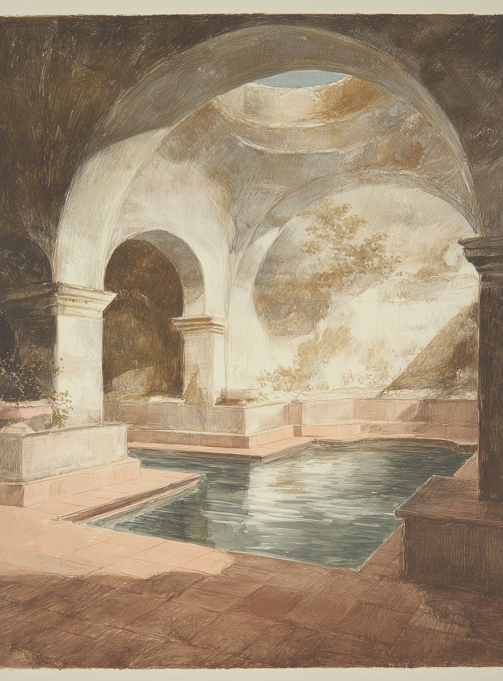 Courtyard pool beneath pale arches