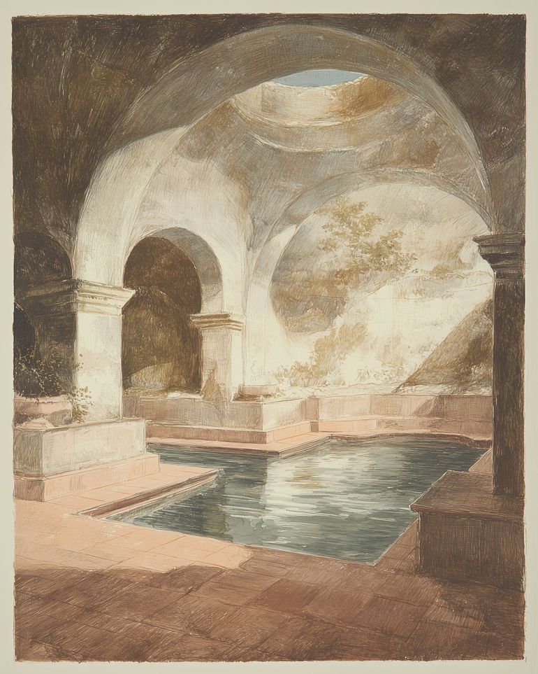 Courtyard pool beneath pale arches