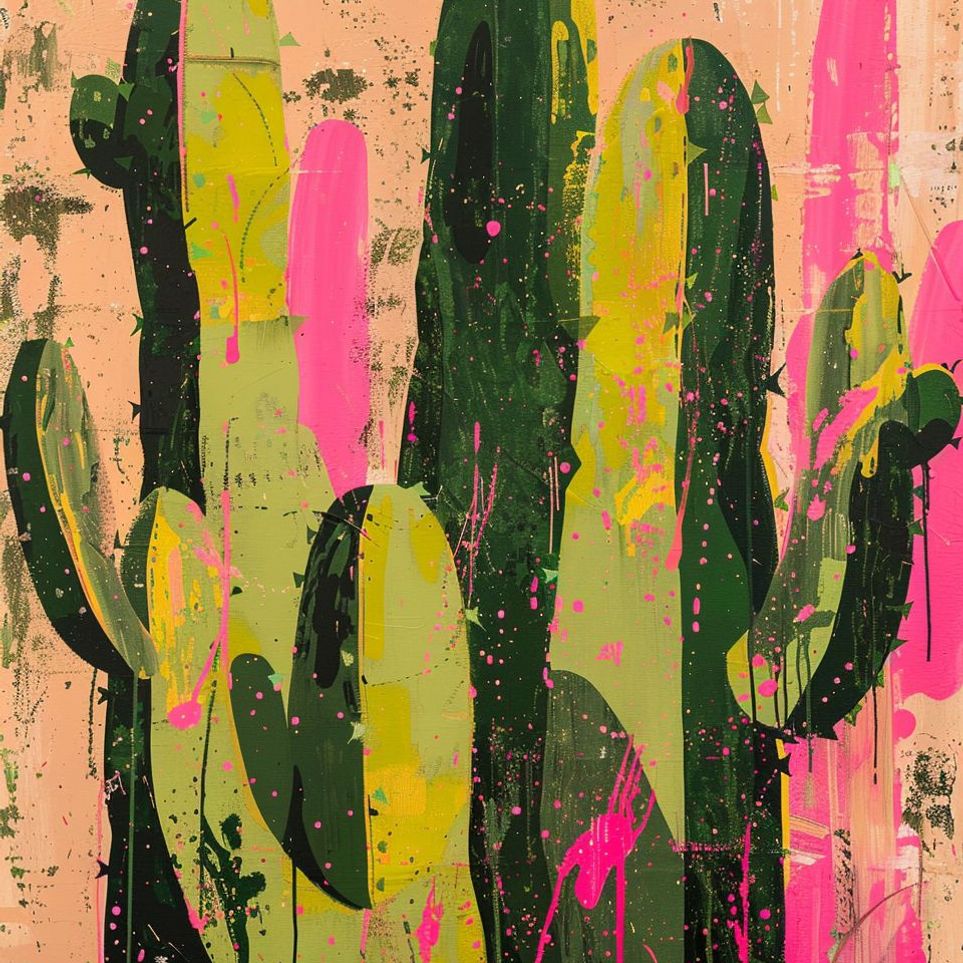 Cacti among pink splatters