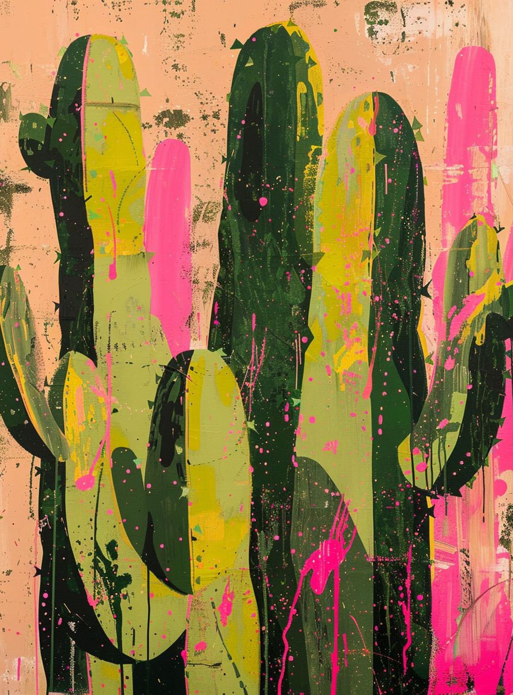 Cacti among pink splatters
