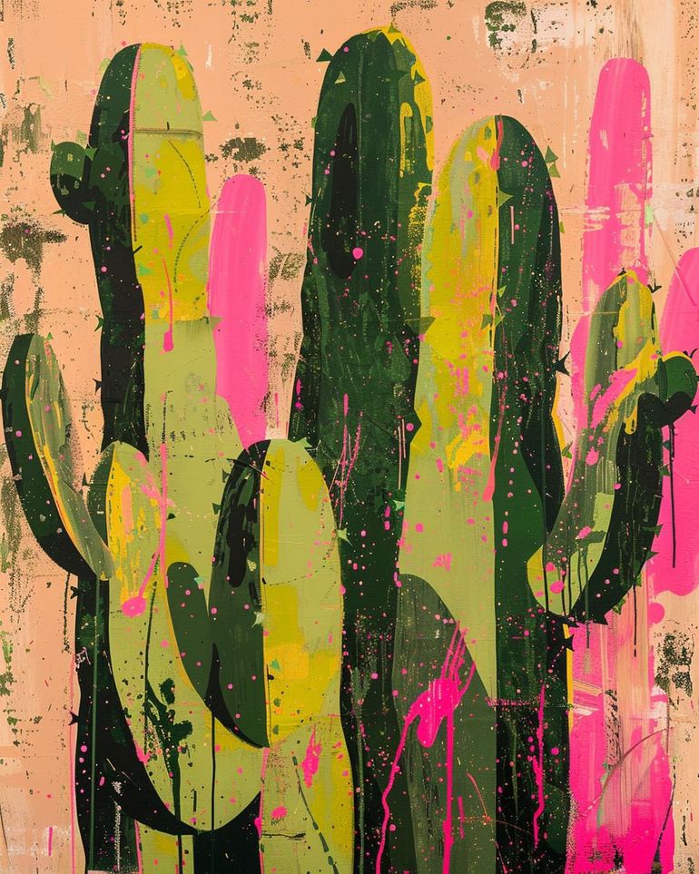 Cacti among pink splatters